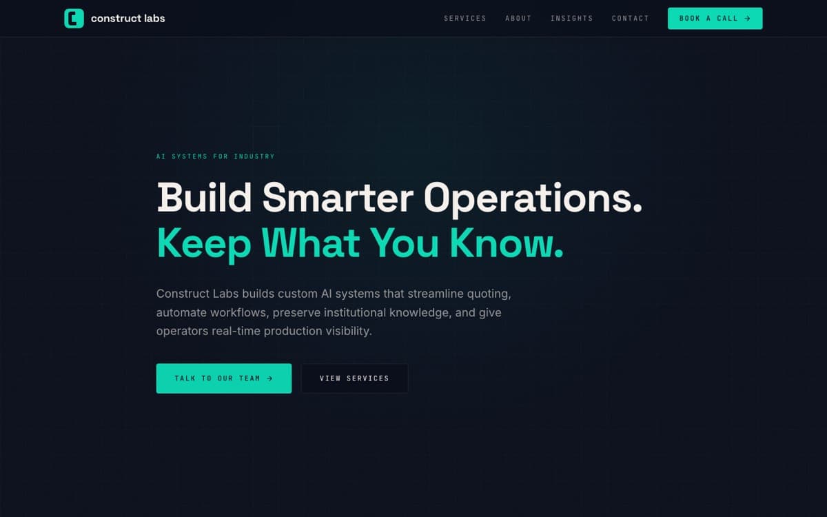 Homepage of the Construct Labs website built by Volk Digital