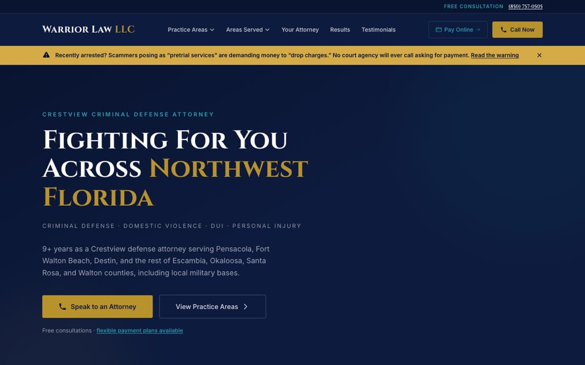 Homepage of the Warrior Law LLC website built by Volk Digital
